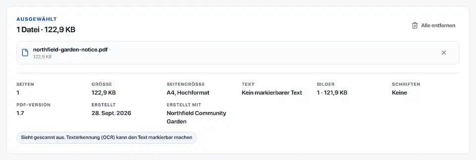 Text erkennen (OCR): Bei der Texterkennung im Scan. Der Gartenaushang ist ausgewählt und hat keinen auswählbaren Text.