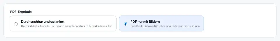 JPG in PDF: Beim Umwandeln von Seitenfotos in PDF. Die Scan-Einstellungen für Aushang und Speisekarte sind sichtbar.