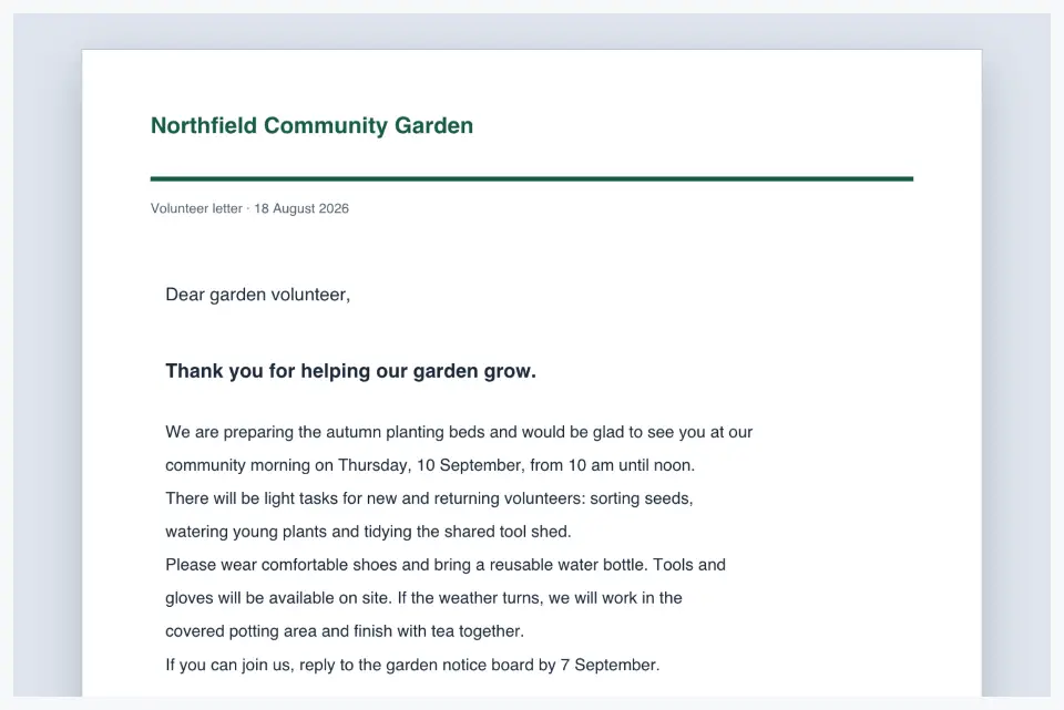 Edit PDF: The Northfield Community Garden letter is open on the editor canvas.