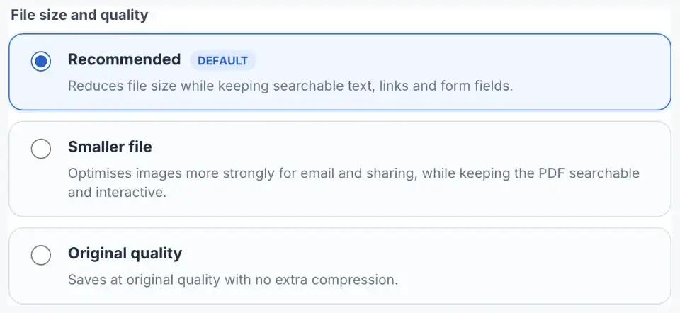 Edit PDF: The editor's save dialog shows Recommended, Smaller file and Original quality.