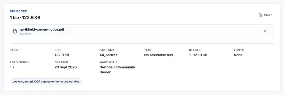 OCR PDF: Making a scan searchable. The garden notice is selected and identified as a scan without selectable text.