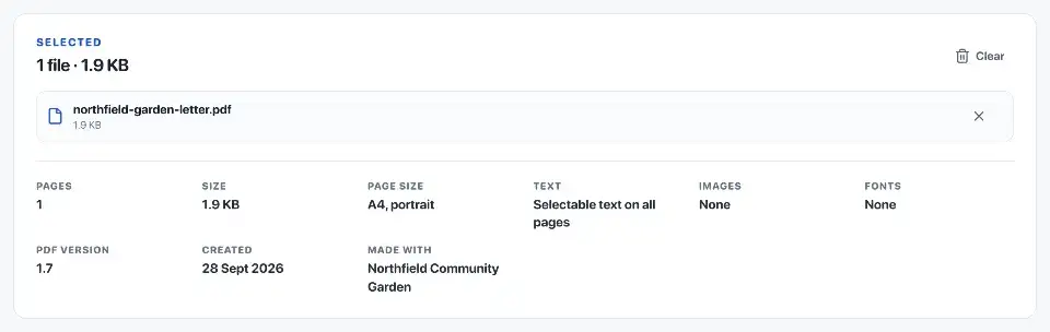 PDF to Word: The Northfield garden letter is selected for conversion to Word.