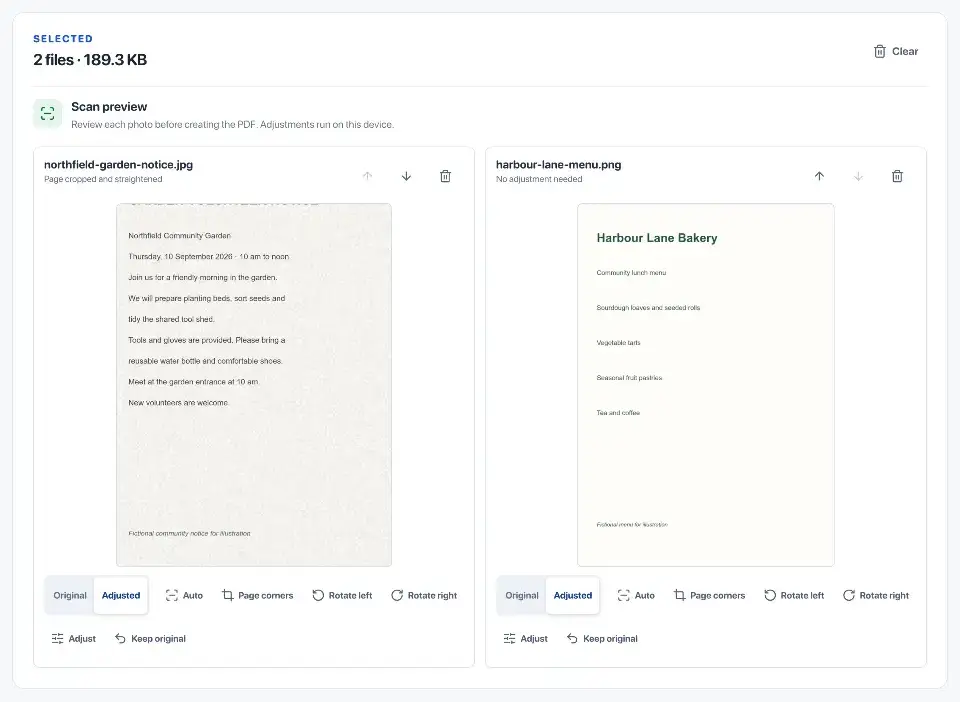 JPG to PDF: Turning page photos into a PDF. The garden notice photo and bakery menu image are selected as two pages.