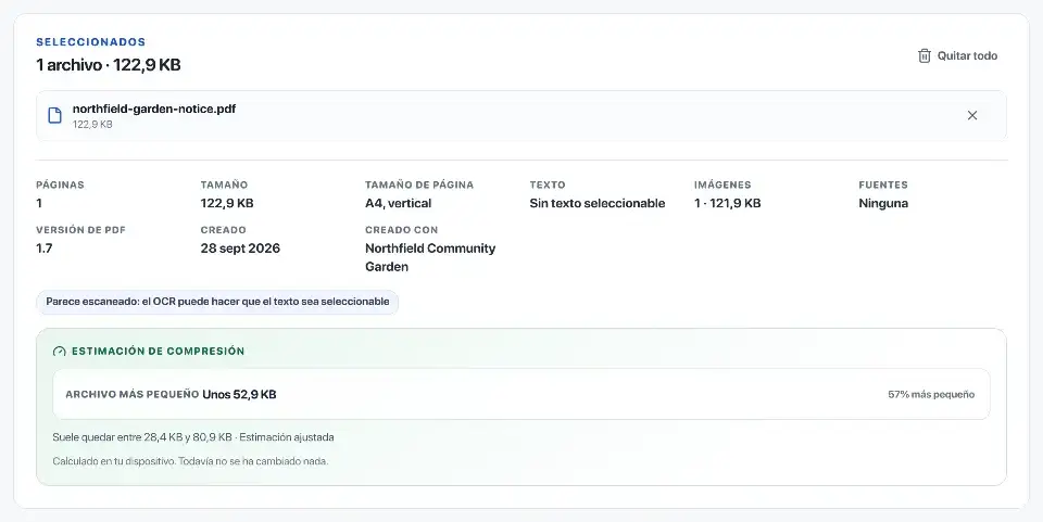 Comprimir PDF: El aviso del huerto Northfield está seleccionado, con datos de página y previsión de reducción.