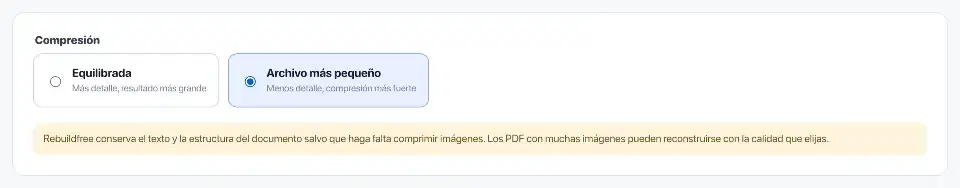 Comprimir PDF: Se ha elegido Archivo más pequeño en vez de Equilibrada para el aviso.