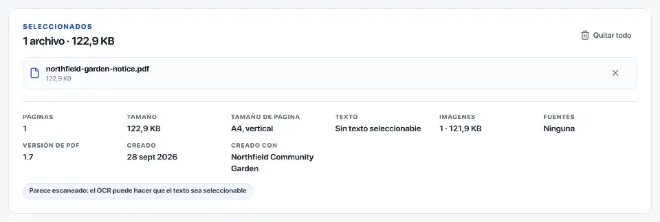 OCR PDF: El aviso del huerto está seleccionado y no contiene texto seleccionable.
