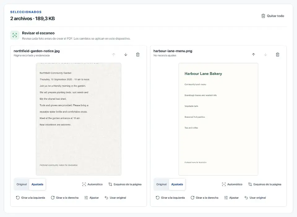 JPG a PDF: Al pasar fotos de páginas a PDF. La foto del aviso y la imagen del menú están seleccionadas como dos páginas.