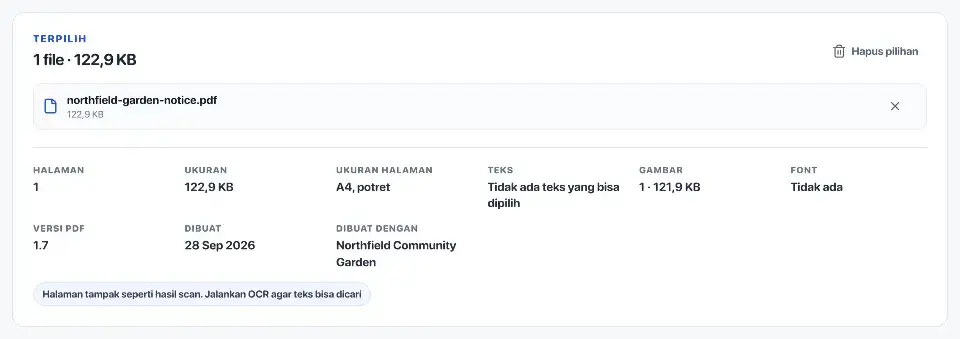 OCR PDF: Sebelum mengedit teks hasil scan. Pengumuman kebun dipilih dan tidak memiliki teks yang bisa dipilih.