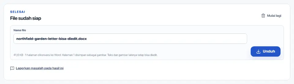 PDF ke Word: Surat yang telah dikonversi siap diunduh sebagai file Word.