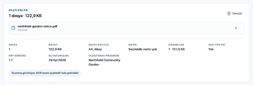 PDF OCR: Bahçe duyurusu seçili. Sayfa bilgileri, yazının henüz seçilemediğini gösteriyor.