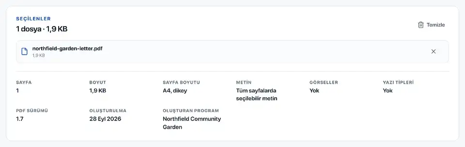 PDF'den Word'e: Northfield bahçe mektubu Word'e dönüştürülmek üzere seçili.