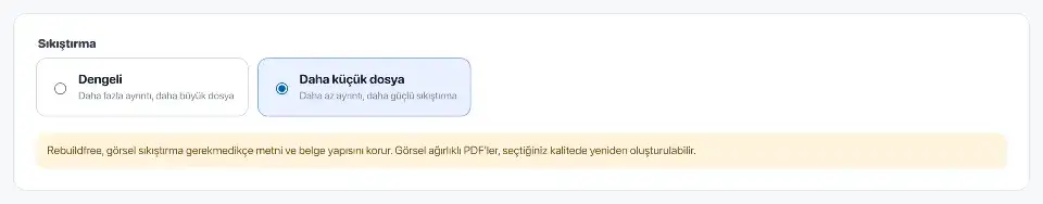 PDF küçült: PDF boyutunu küçültürken. Bahçe duyurusu için Dengeli yerine Daha küçük dosya seçilmiş.